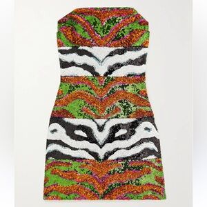 Halpern Contoured Colorblock Strapless Sequin Mini Dress (Zebra print)